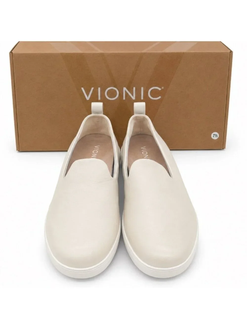 VIONIC Uptown Willa Cream Leather Slip On Sneakers Womens 7 WIDE Arch Support